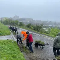 Clearing rain guttering for the Edinburgh & Lothians Greenspace Trust at Calton Hill staff volunteering